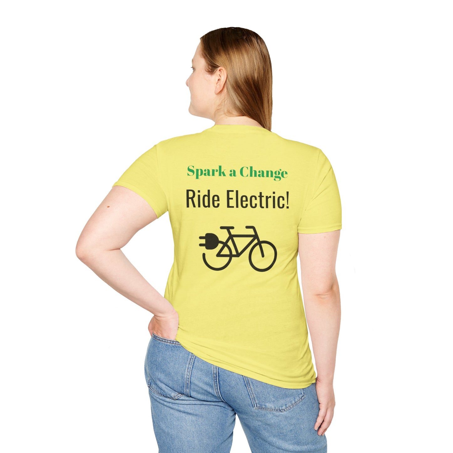 "Spark a Change. Ride Electric!" (Back of shirt) Various colors. Unisex Softstyle T-Shirt