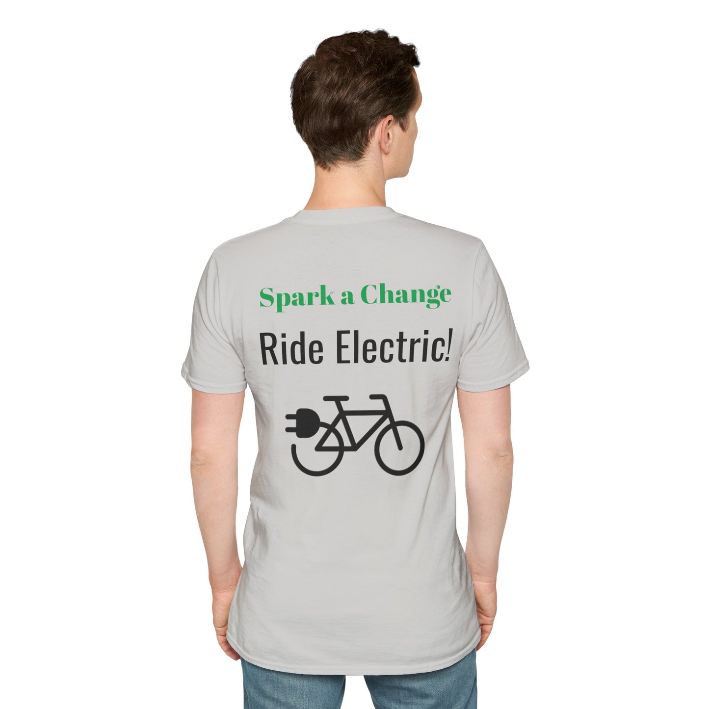 "Spark a Change. Ride Electric!" (Back of shirt) Various colors. Unisex Softstyle T-Shirt